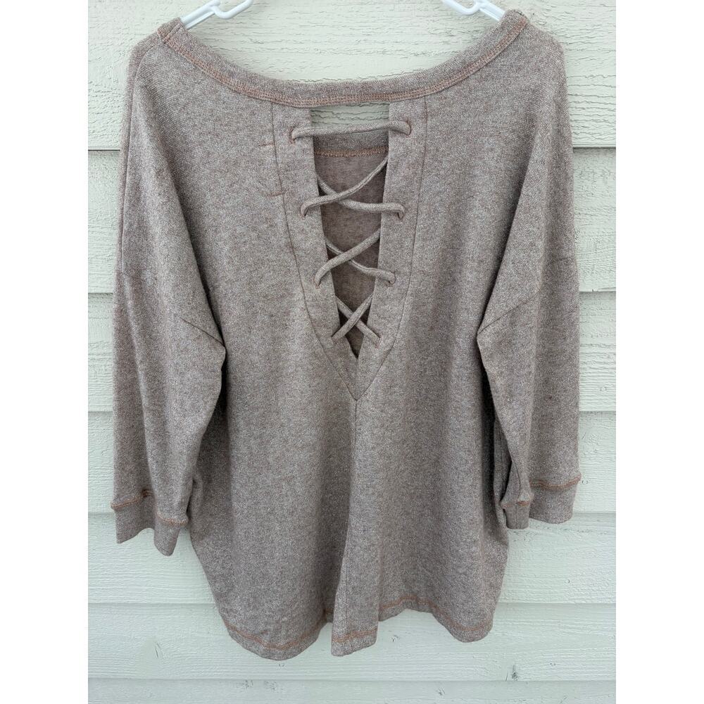 Cherish Taupe Lace-Up Back Sweater | Oversized Lightweight Knit Top - Picture 6 of 7